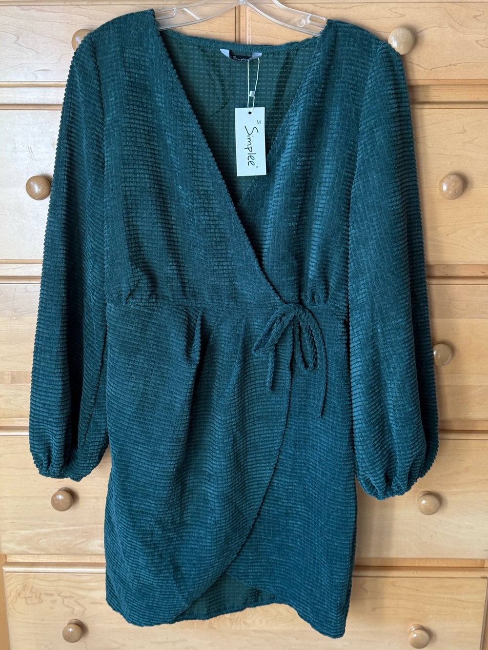 Simplee Green Corduroy Faux Wrap Dress with Tie Waist